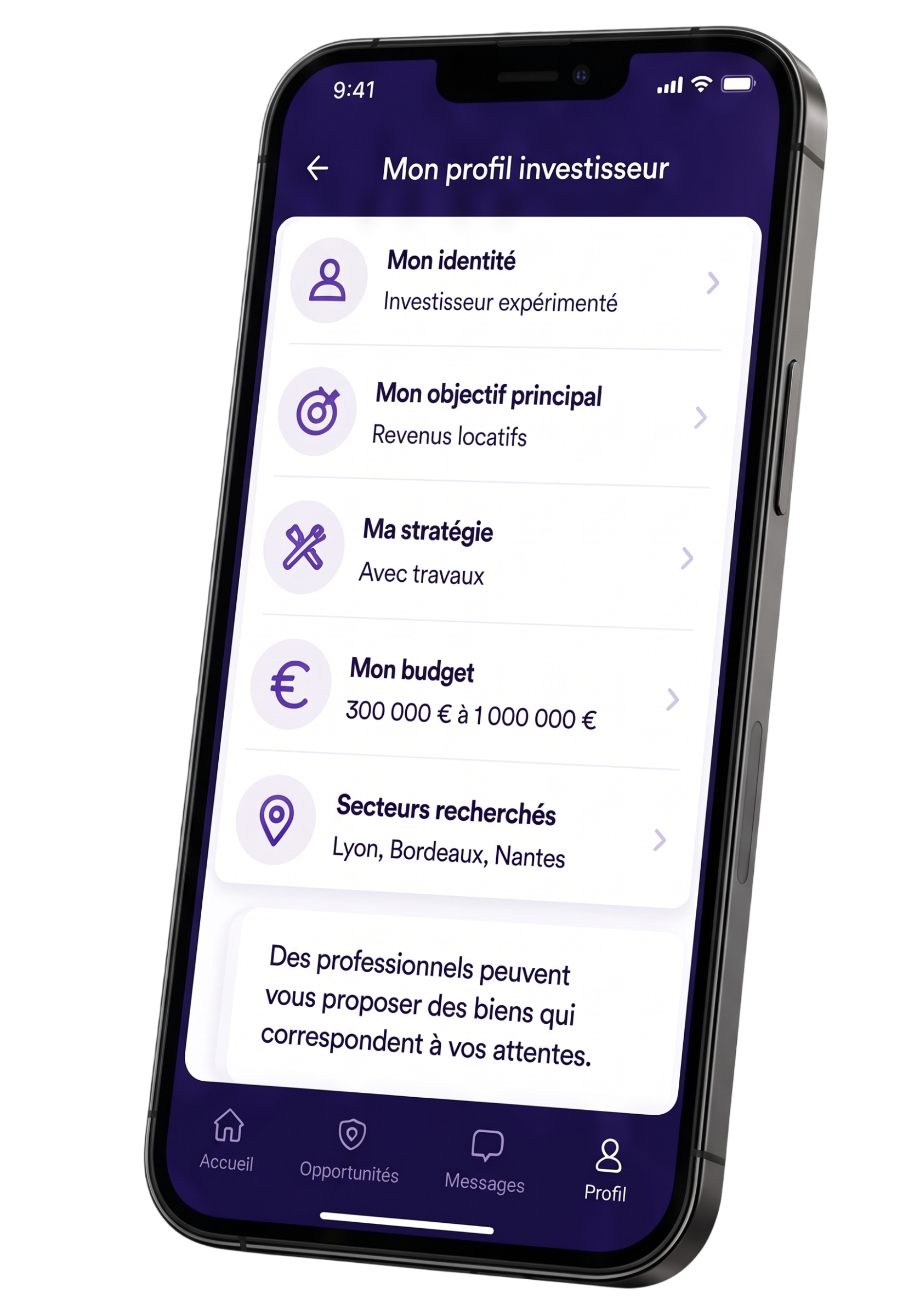 Application Imoni - Profil investisseur
